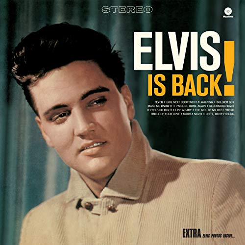 Album cover for Elvis Presley’s “Elvis Is Back!” featuring a portrait of Elvis.
