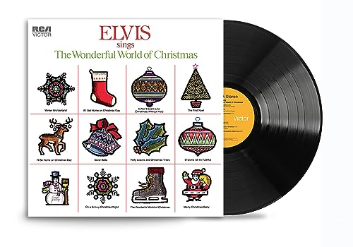 Elvis Presley Christmas album vinyl record with festive illustrated cover.