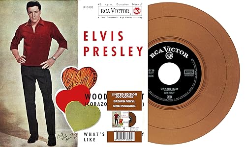 Elvis Presley “Wooden Heart” brown vinyl record with sleeve and image.