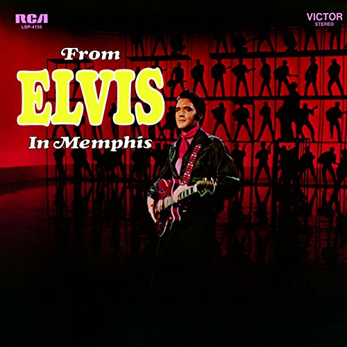 Elvis Presley playing guitar against a red background with silhouetted figures on shelves.