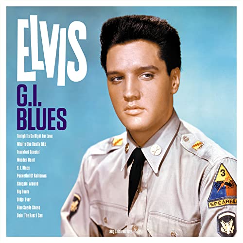 Elvis Presley in army uniform on the cover of the “G.I. Blues” album.