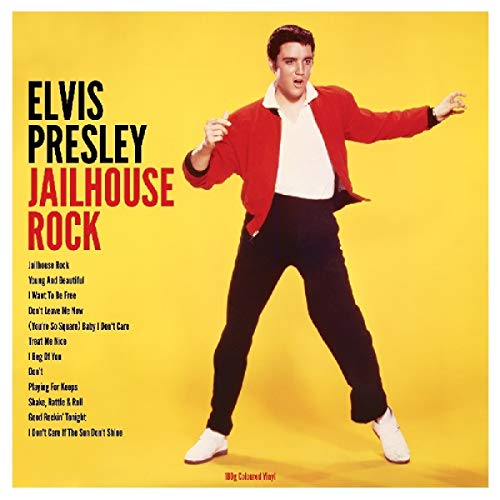 Elvis Presley album cover, "Jailhouse Rock," featuring him in a red jacket.