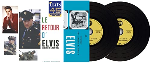 Elvis Presley CD packaging with photos of him in uniform and record discs.
