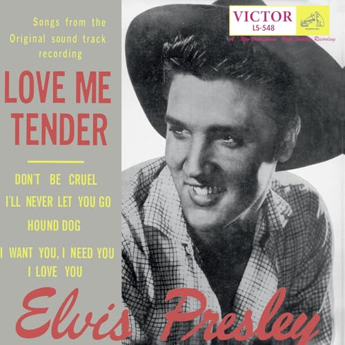 Elvis Presley album cover, “Love Me Tender,” with his portrait in a hat.