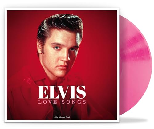 Elvis Presley "Love Songs" vinyl record with pink disc and red cover.