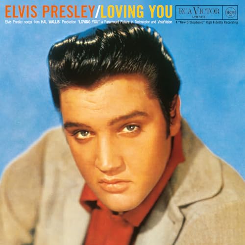 Elvis Presley’s “Loving You” vinyl record cover, portrait of Elvis in blue.