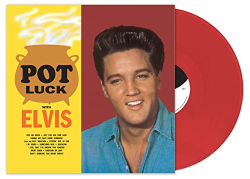 Elvis Presley Pot Luck album cover next to a red vinyl record.