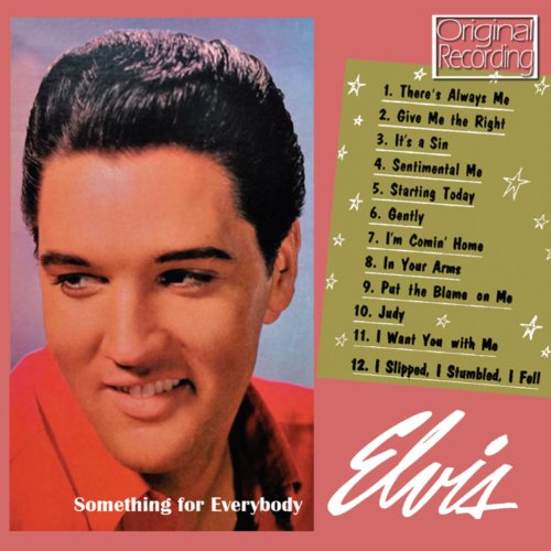 Album cover with Elvis Presley portrait, song list, and "Something for Everybody" title.