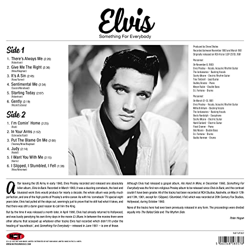 Black and white album cover for Elvis Presley’s “Something For Everybody” on pink vinyl.
