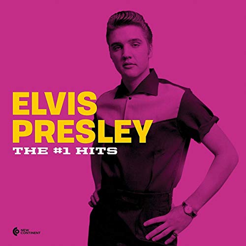 Elvis Presley on a magenta background with yellow text reading Elvis Presley The #1 Hits.