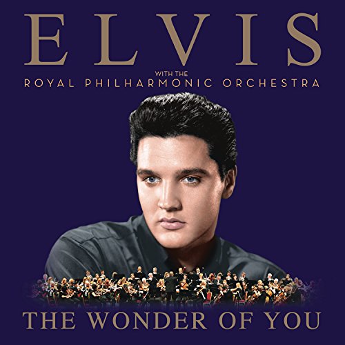Elvis Presley portrait above a symphony orchestra against a dark purple background.