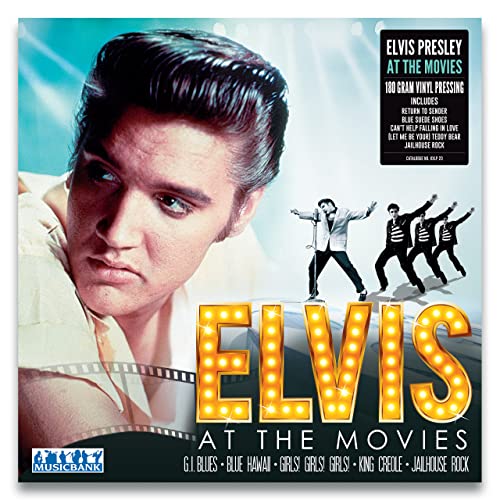Vinyl album cover featuring Elvis Presley, with film reel and marquee imagery.