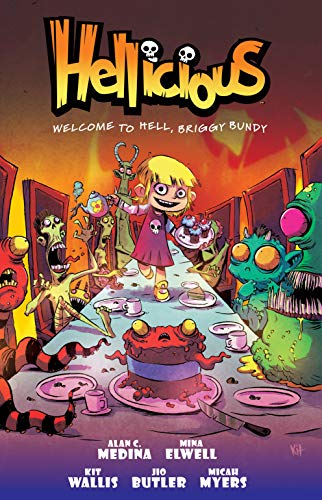 A young girl serves cake to cartoon monsters at a long dining table.
