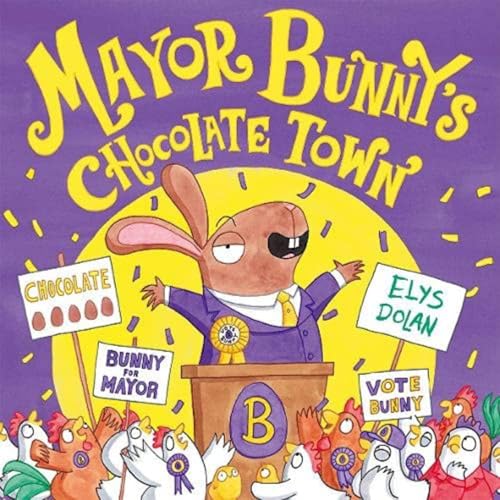 Rabbit in a suit at a podium with chickens and signs.
