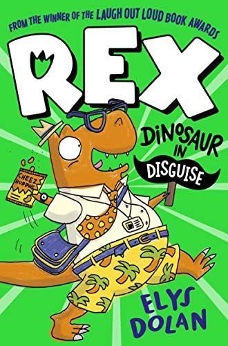 A cartoon T-Rex wearing glasses, a tie, and palm-print shorts on a green background.