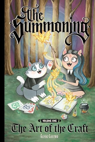Book cover: girl and cat casting a spell in a forest.