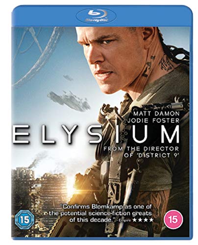 Matt Damon on the Elysium Blu-ray cover with a futuristic weapon and ruined city.