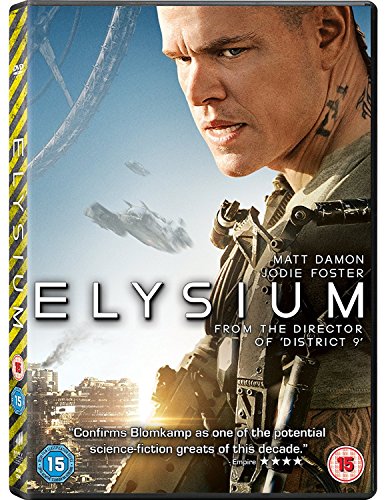 DVD cover for "Elysium" featuring Matt Damon in a futuristic, dystopian setting.