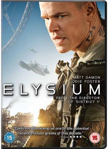 Elysium DVD cover featuring Matt Damon with futuristic cityscape and spacecraft.