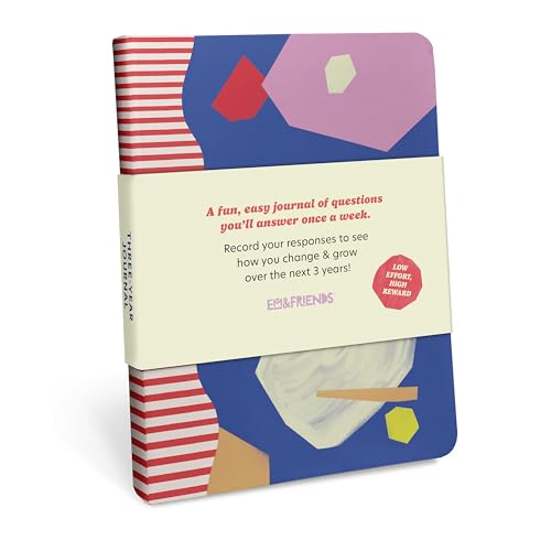 A blue journal with abstract shapes and a red-and-white striped spine with a bellyband.