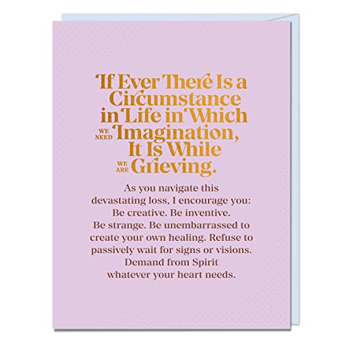 Pink card with text by Elizabeth Gilbert about grief and imagination.