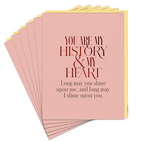 Stack of six pink cards with cursive text: "You are my history & my heart.