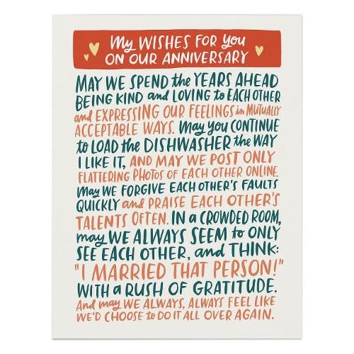 Anniversary card with colorful text and small heart illustrations.