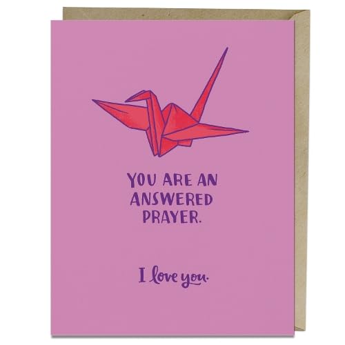 Pink card with origami crane and text: “You are an answered prayer.”