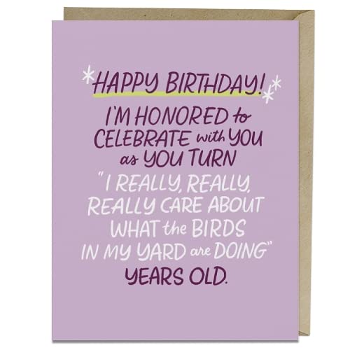Purple birthday card with humorous text about caring for birds.
