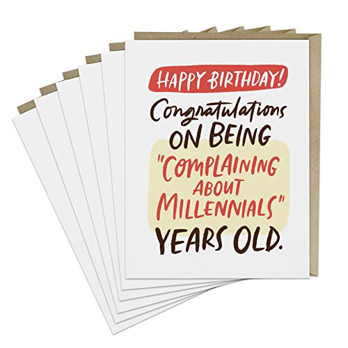 Six birthday cards with text joking about complaining about millennials.