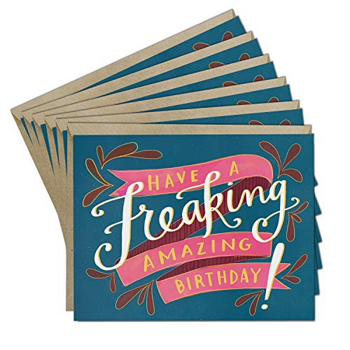 Stack of six teal and pink birthday cards with cursive text.
