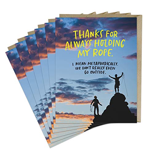 Six greeting cards with a mountain scene and humorous text.