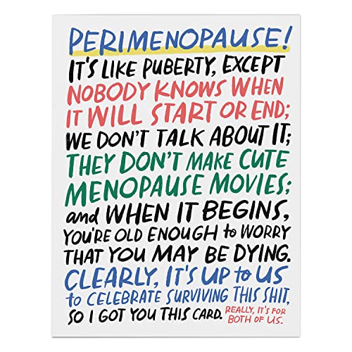 Card with bold, colorful text about perimenopause and relatable feelings.