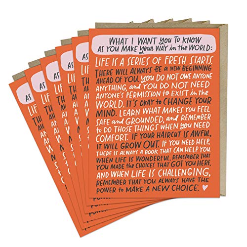 Six stacked cards with orange accents and encouraging text.