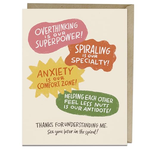 Greeting card with colorful speech bubbles about anxiety and overthinking.