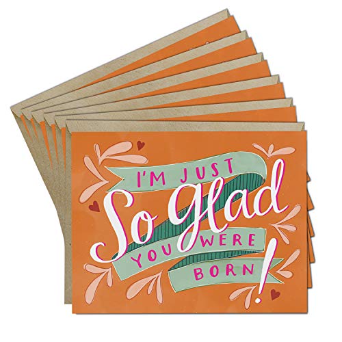 Stack of six orange birthday cards with cursive lettering and hearts.