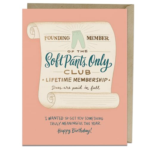 Birthday card with scroll design declaring “Soft Pants Only Club” membership.