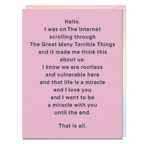 Pink greeting card with white text about internet feelings and connection.