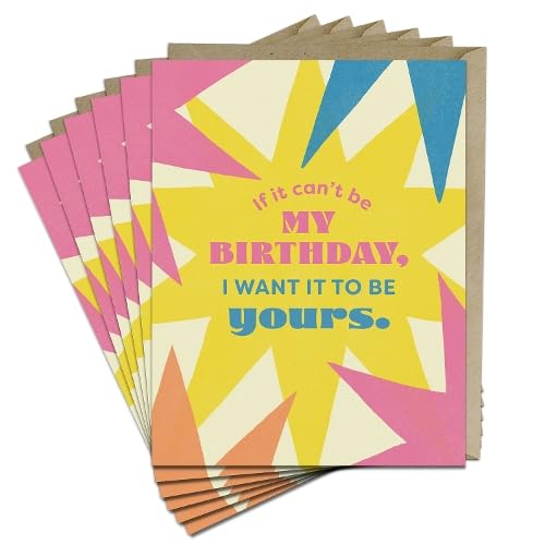 Stack of six colorful birthday cards with geometric designs and text.