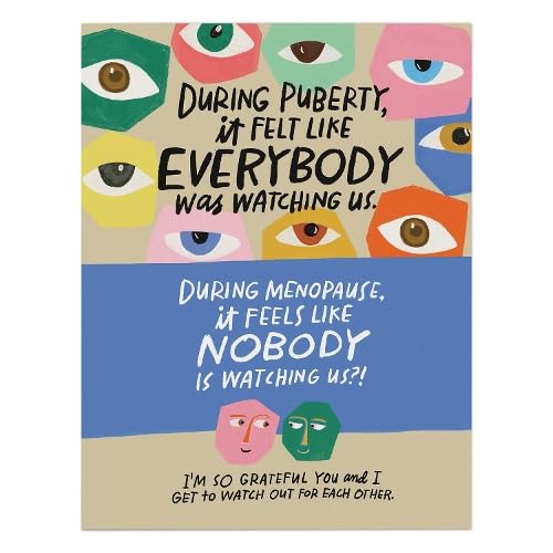 Card with colorful eyes and text about puberty and menopause.