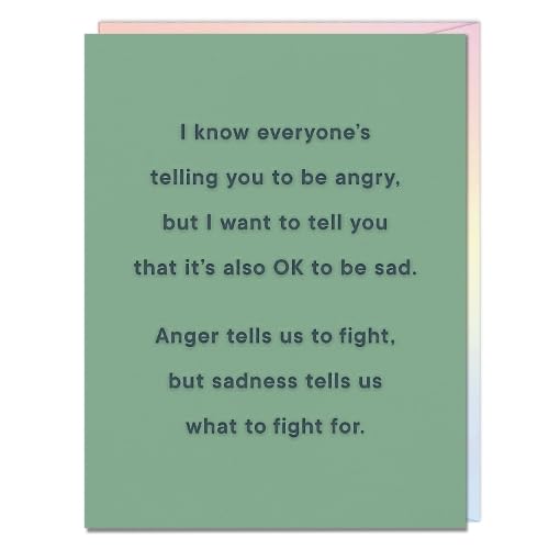 Green greeting card with blue text about anger and sadness.