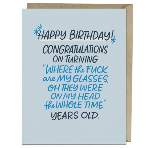 Pale blue birthday card with humorous, slightly obscured text.