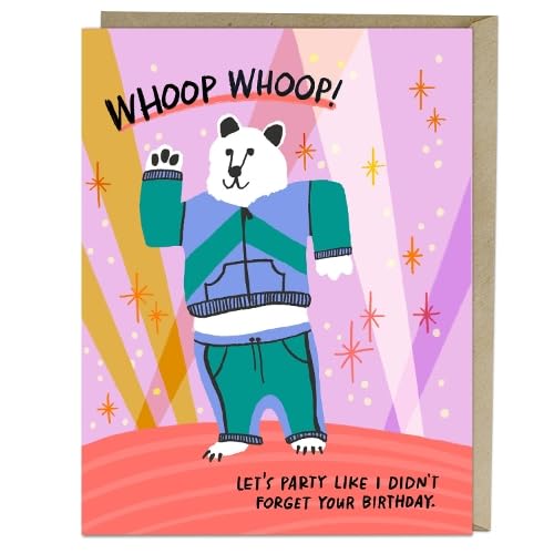 Cartoon polar bear in colorful clothing waving, with birthday message.