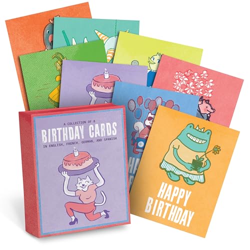 Box of eight colorful birthday cards with animal illustrations.