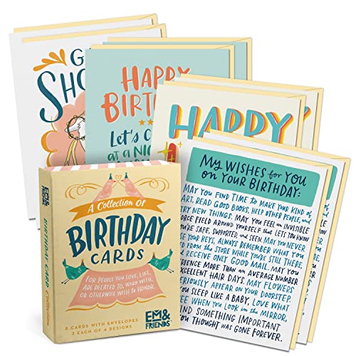 Box of eight assorted birthday cards with colorful designs.