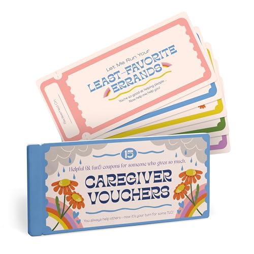 Stack of colorful "Caregiver Vouchers" with floral and cloud designs.