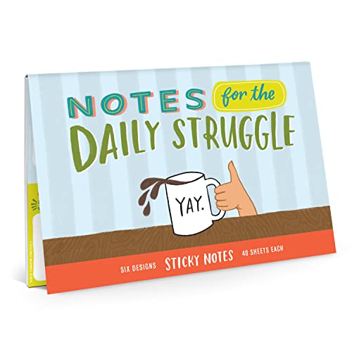 Sticky note packet with "Daily Struggle" text, coffee mug, and thumbs-up.