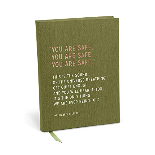 Olive green journal with white text: “You are safe, you are safe.”