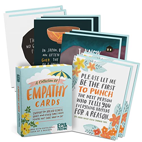 Box of eight assorted empathy cards with floral and abstract designs.