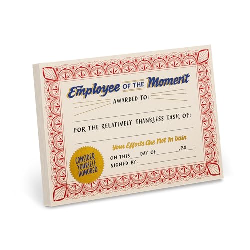 Notepad with a decorative "Employee of the Moment" certificate design.